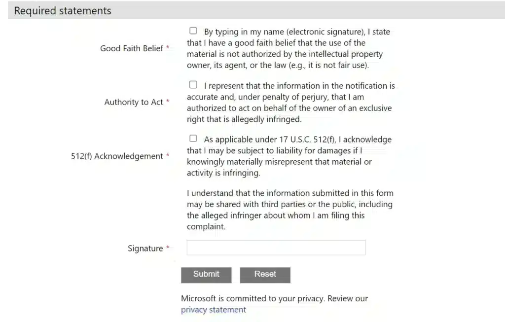 Required statements section of Bing’s copyright infringement form showing three mandatory checkboxes for good faith belief, authority to act, and legal acknowledgment. It is followed by a signature field and submit/reset buttons. A privacy statement link appears at the bottom.