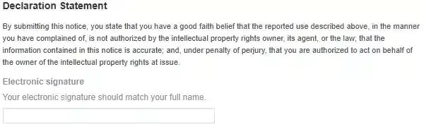 Screenshot of a declaration statement for submitting a DMCA notice on Facebook, requiring users to electronically sign and confirm their authority to report intellectual property infringements.