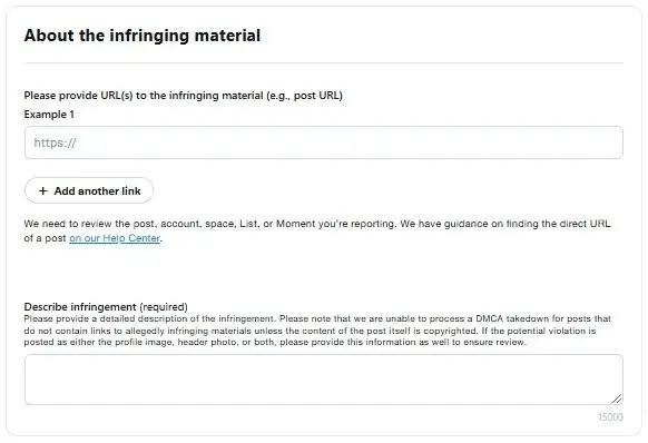 Twitter DMCA infringement form with fields for submitting URLs of infringing material and describing the nature of the copyright infringement. Includes a note about providing specific details for review.