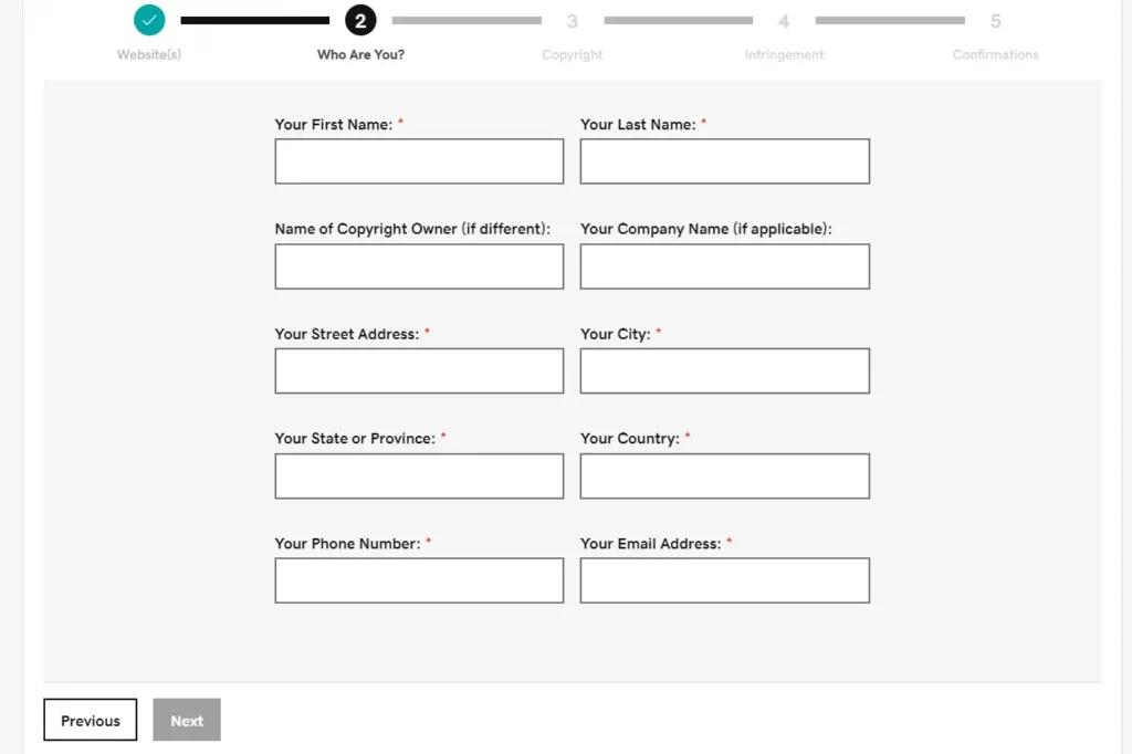 A form step titled "Who Are You?" within the copyright complaint process. The page contains fields for personal details, including first and last name, company name, street address, city, state or province, country, phone number, and email address.