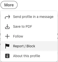 LinkedIn profile dropdown menu providing quick options to send a profile message, save to PDF, follow, report, or block the profile.
