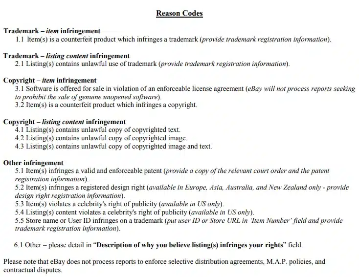Screenshot of eBay’s NOCI form reason codes.
